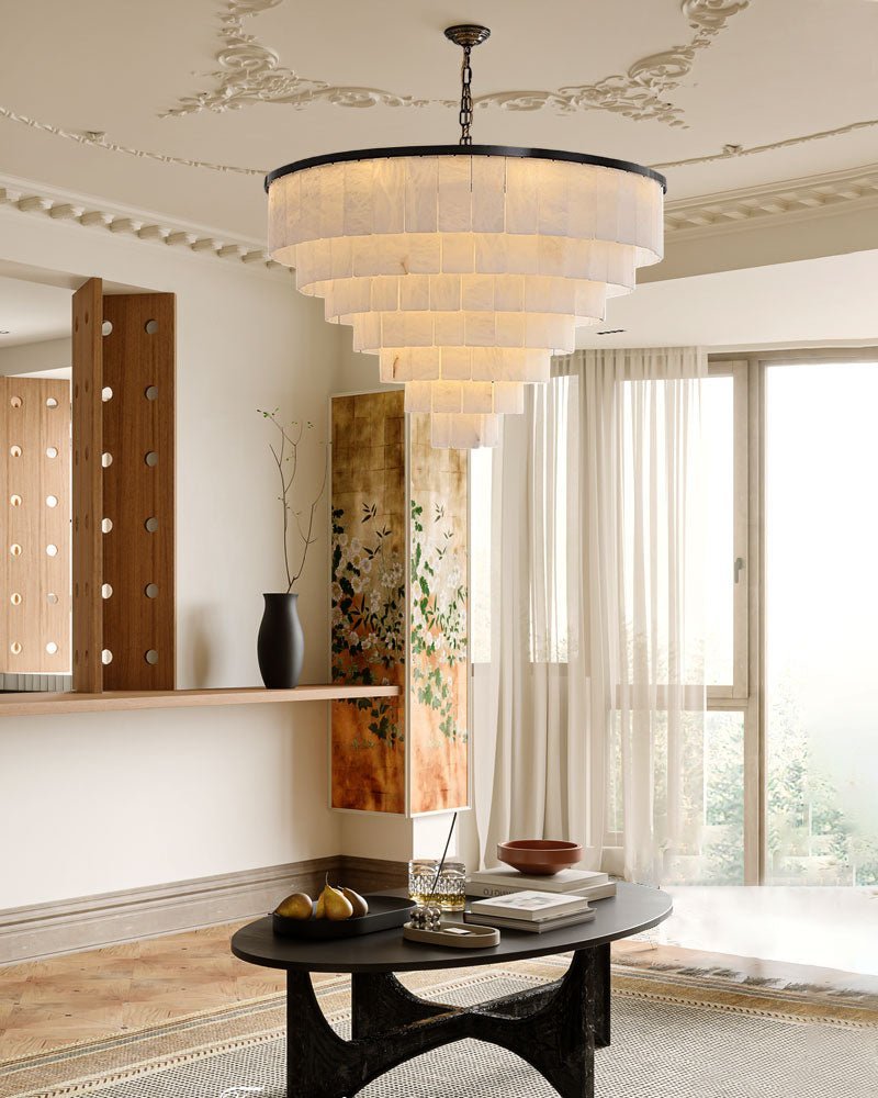 Round Tiered Alabaster Chandelier Lamp Black for Living Room, Bedroom, Dining Room - Zelno Lighting