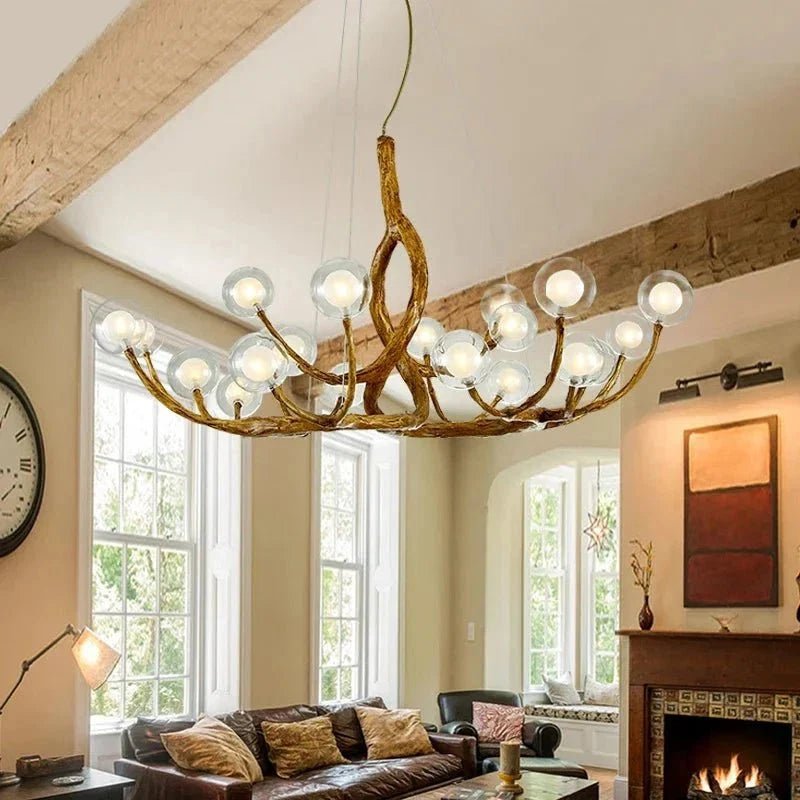 Rustic Farmhouse Branch Chandelier with Glass Orbs - Zelno Lighting