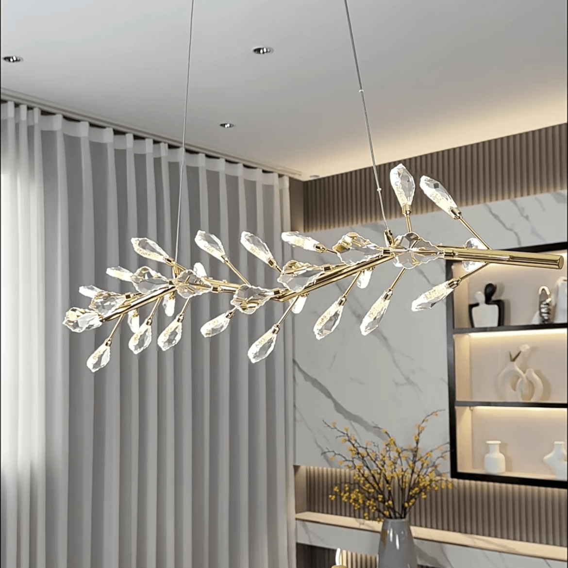Sleek Modern Branch Crystal Leaves Linear Chandelier for Kitchen Island and Dining Room - Zelno Lighting