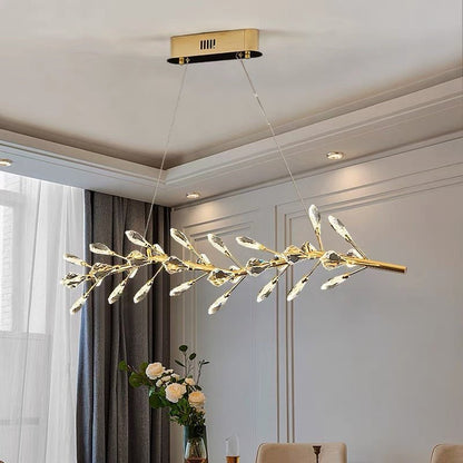 Sleek Modern Branch Crystal Leaves Linear Chandelier for Kitchen Island and Dining Room - Zelno Lighting