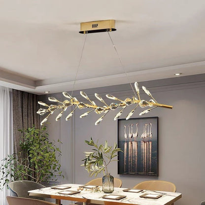 Sleek Modern Branch Crystal Leaves Linear Chandelier for Kitchen Island and Dining Room - Zelno Lighting