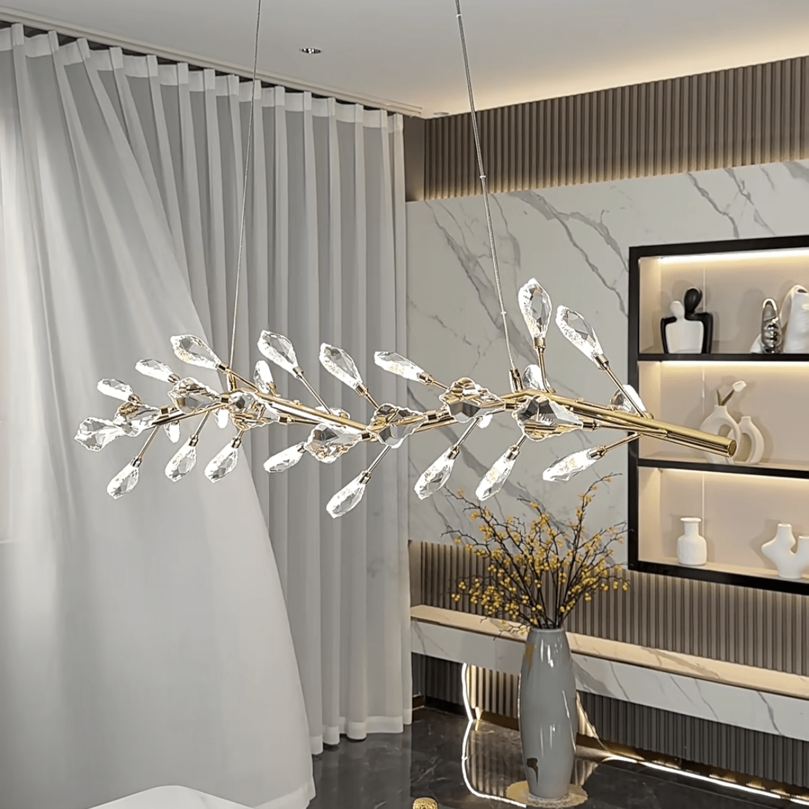 Sleek Modern Branch Crystal Leaves Linear Chandelier for Kitchen Island and Dining Room - Zelno Lighting