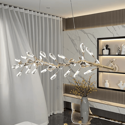 Sleek Modern Branch Crystal Leaves Linear Chandelier for Kitchen Island and Dining Room - Zelno Lighting
