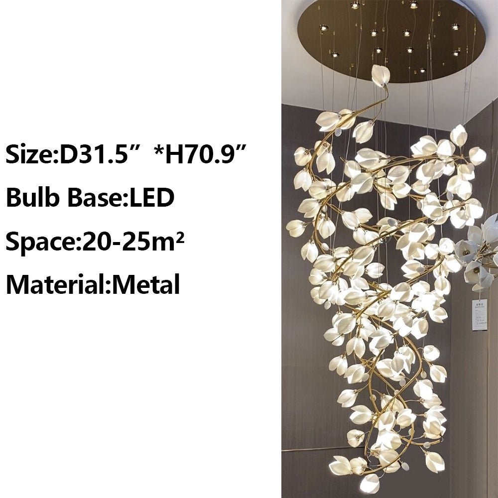 Spiral Pure White Magnolia Chandelier with Golden Branches for Staircase/High-ceiling Space/Foyer/ Duplex - Zelno Lighting
