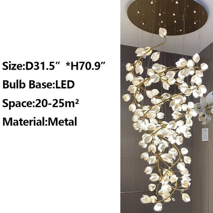 Spiral Pure White Magnolia Chandelier with Golden Branches for Staircase/High-ceiling Space/Foyer/ Duplex - Zelno Lighting