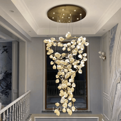 Spiral Pure White Magnolia Chandelier with Golden Branches for Staircase/High-ceiling Space/Foyer/ Duplex - Zelno Lighting