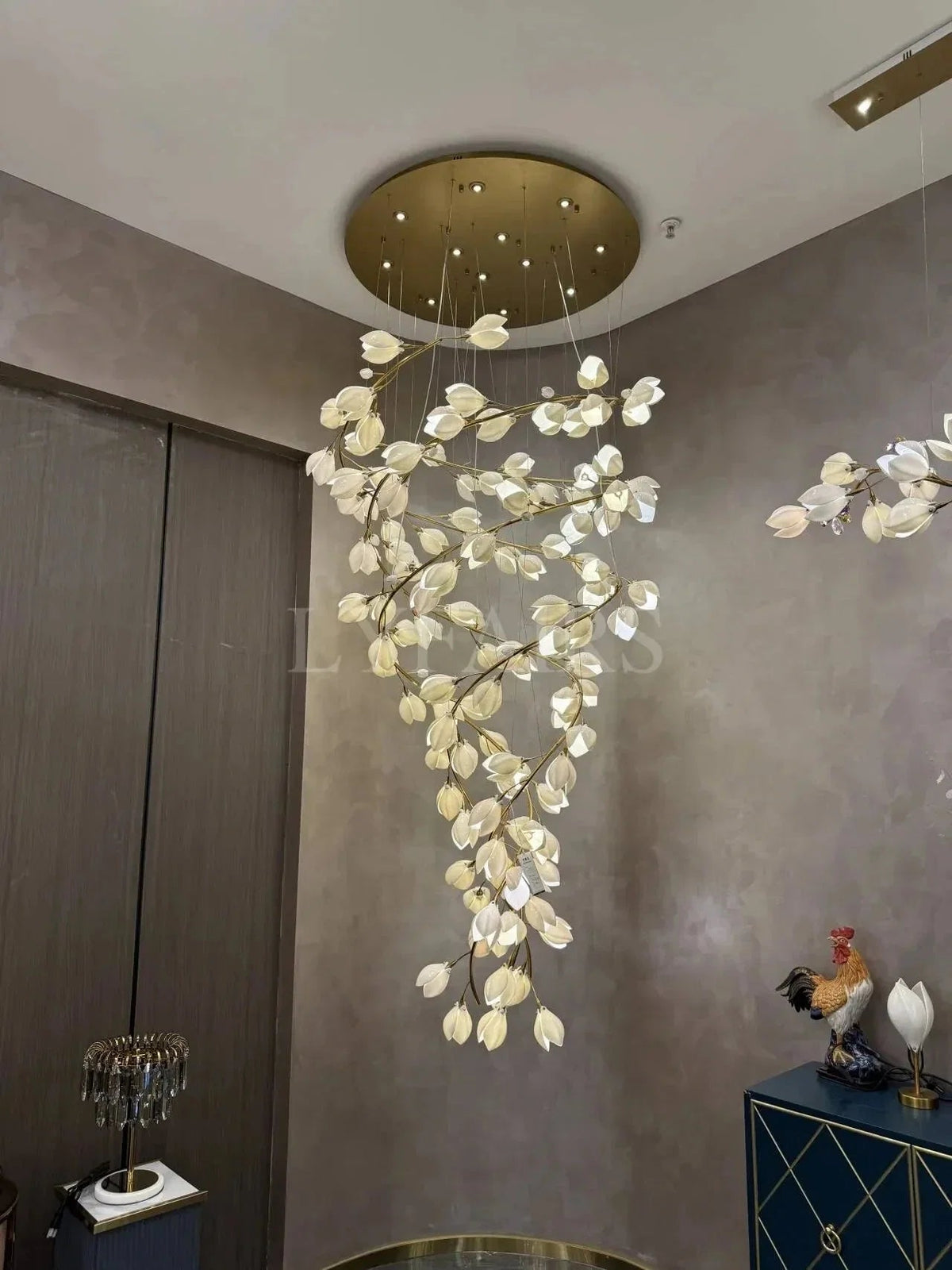 Spiral Pure White Magnolia Chandelier with Golden Branches for Staircase/High-ceiling Space/Foyer/ Duplex - Zelno Lighting