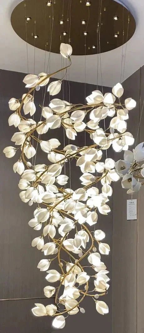 Spiral Pure White Magnolia Chandelier with Golden Branches for Staircase/High-ceiling Space/Foyer/ Duplex - Zelno Lighting