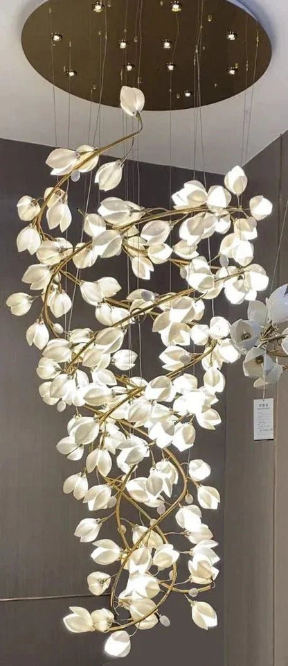 Spiral Pure White Magnolia Chandelier with Golden Branches for Staircase/High-ceiling Space/Foyer/ Duplex - Zelno Lighting