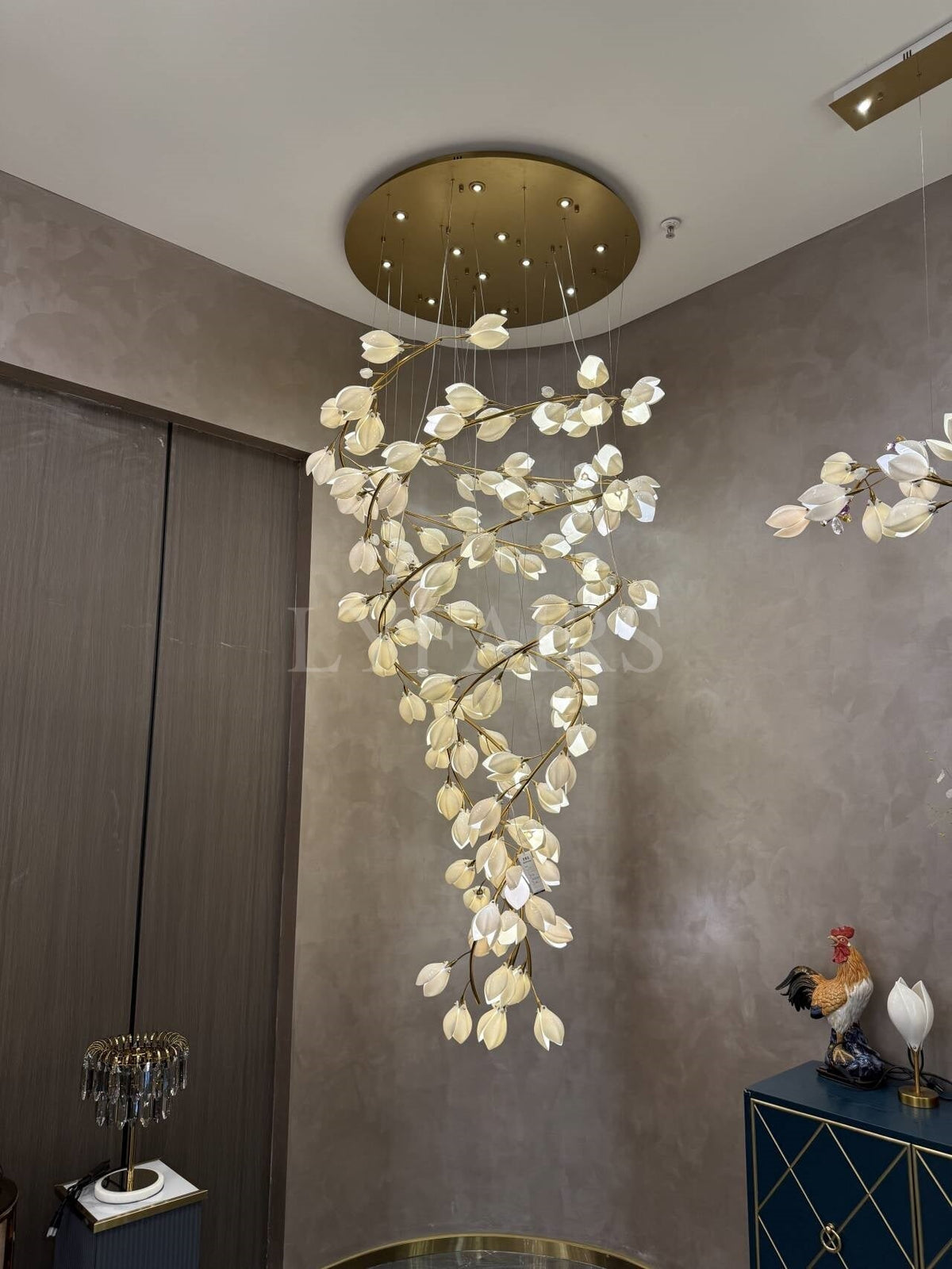 Spiral Pure White Magnolia Chandelier with Golden Branches for Staircase/High-ceiling Space/Foyer/ Duplex - Zelno Lighting