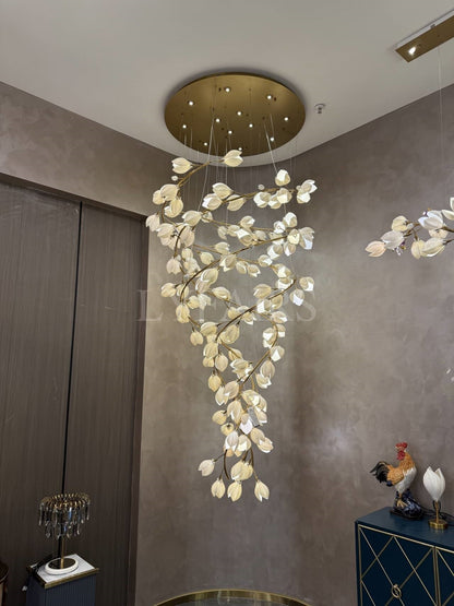 Spiral Pure White Magnolia Chandelier with Golden Branches for Staircase/High-ceiling Space/Foyer/ Duplex - Zelno Lighting