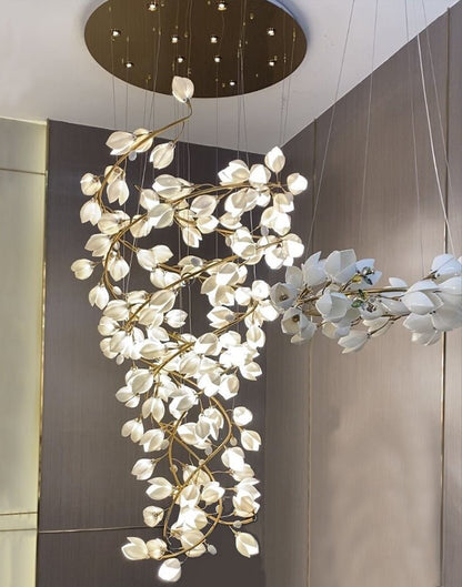 Spiral Pure White Magnolia Chandelier with Golden Branches for Staircase/High-ceiling Space/Foyer/ Duplex - Zelno Lighting