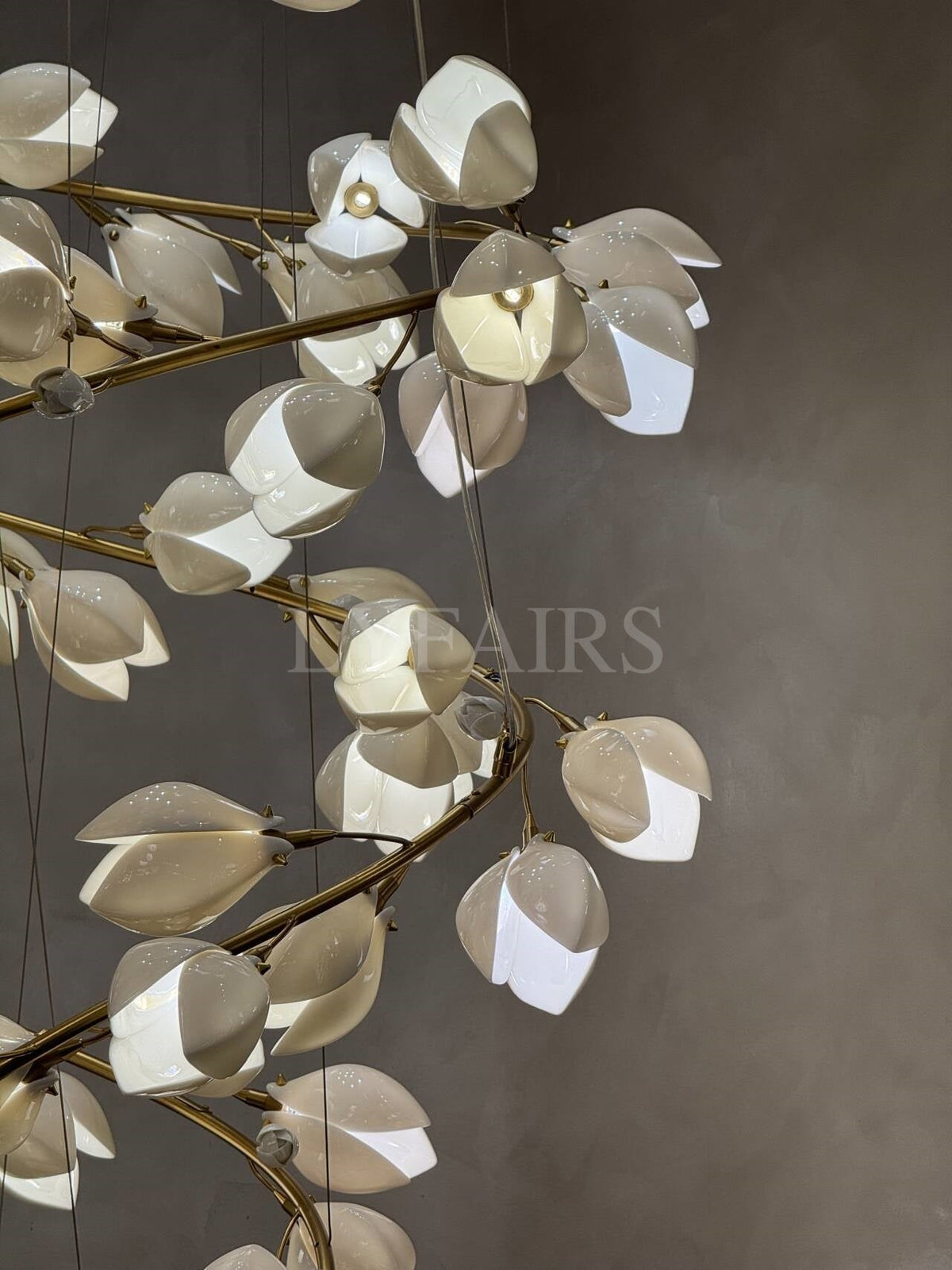 Spiral Pure White Magnolia Chandelier with Golden Branches for Staircase/High-ceiling Space/Foyer/ Duplex - Zelno Lighting