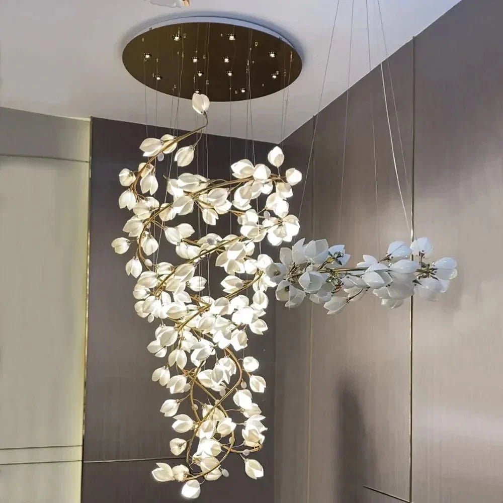 Spiral Pure White Magnolia Chandelier with Golden Branches for Staircase/High-ceiling Space/Foyer/ Duplex - Zelno Lighting