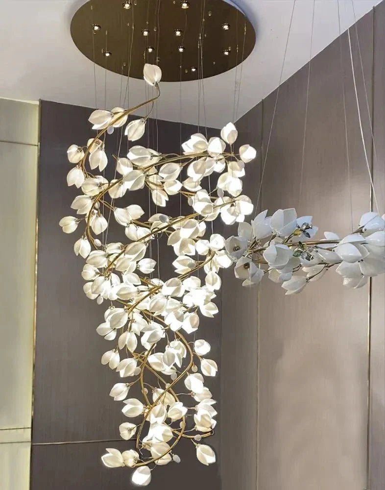 Spiral Pure White Magnolia Chandelier with Golden Branches for Staircase/High-ceiling Space/Foyer/ Duplex - Zelno Lighting