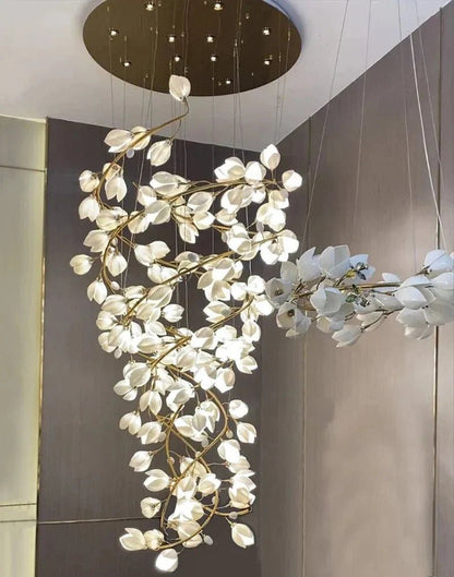 Spiral Pure White Magnolia Chandelier with Golden Branches for Staircase/High-ceiling Space/Foyer/ Duplex - Zelno Lighting