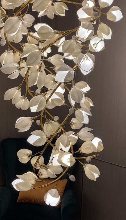 Spiral Pure White Magnolia Chandelier with Golden Branches for Staircase/High-ceiling Space/Foyer/ Duplex - Zelno Lighting