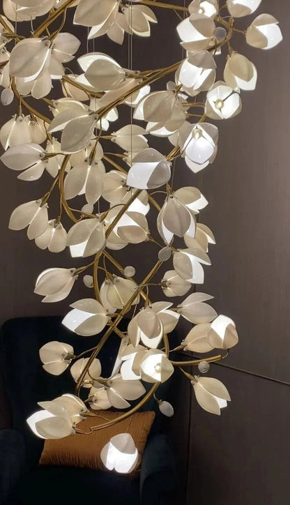Spiral Pure White Magnolia Chandelier with Golden Branches for Staircase/High-ceiling Space/Foyer/ Duplex - Zelno Lighting
