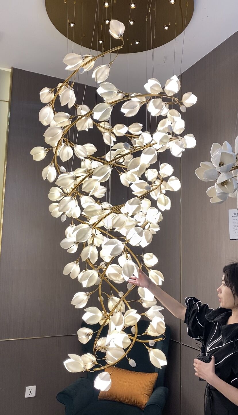 Spiral Pure White Magnolia Chandelier with Golden Branches for Staircase/High-ceiling Space/Foyer/ Duplex - Zelno Lighting
