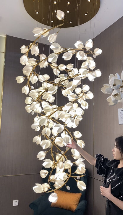 Spiral Pure White Magnolia Chandelier with Golden Branches for Staircase/High-ceiling Space/Foyer/ Duplex - Zelno Lighting