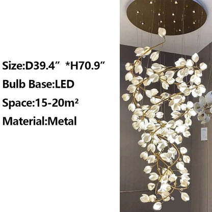 Spiral Pure White Magnolia Chandelier with Golden Branches for Staircase/High-ceiling Space/Foyer/ Duplex - Zelno Lighting
