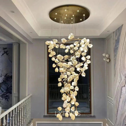 Spiral Pure White Magnolia Chandelier with Golden Branches for Staircase/High-ceiling Space/Foyer/ Duplex - Zelno Lighting