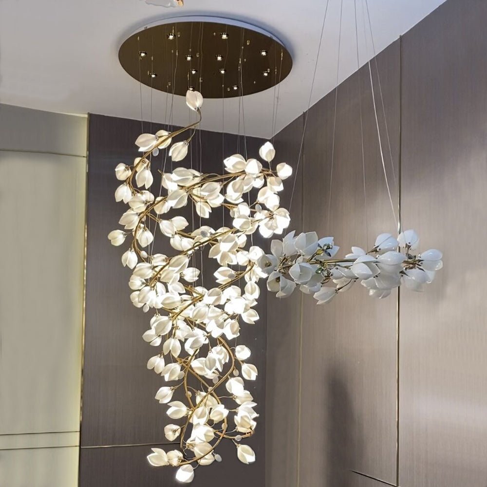Spiral Pure White Magnolia Chandelier with Golden Branches for Staircase/High-ceiling Space/Foyer/ Duplex - Zelno Lighting