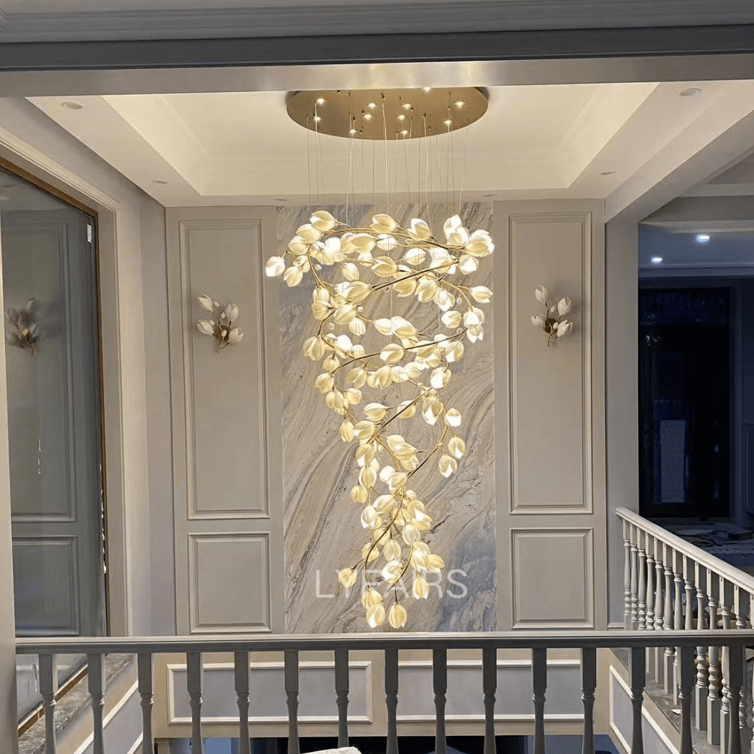 Spiral Pure White Magnolia Chandelier with Golden Branches for Staircase/High-ceiling Space/Foyer/ Duplex - Zelno Lighting