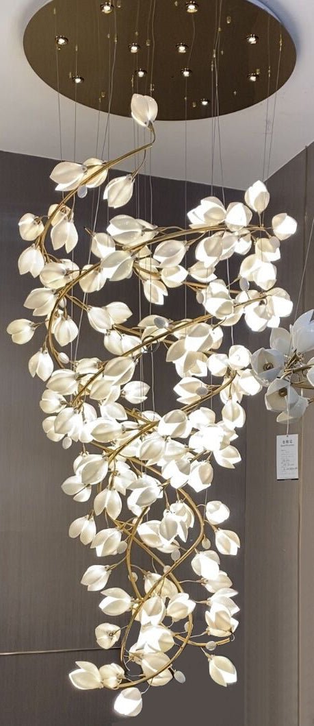 Spiral Pure White Magnolia Chandelier with Golden Branches for Staircase/High-ceiling Space/Foyer/ Duplex - Zelno Lighting