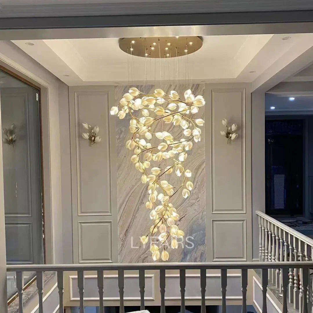 Spiral Pure White Magnolia Chandelier with Golden Branches for Staircase/High-ceiling Space/Foyer/ Duplex - Zelno Lighting