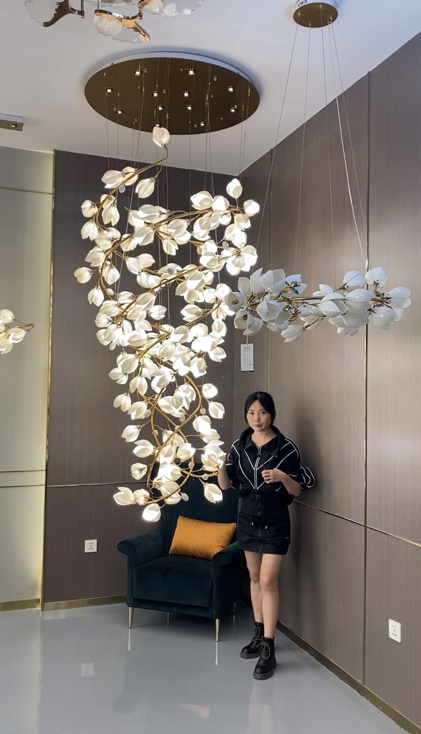 Spiral Pure White Magnolia Chandelier with Golden Branches for Staircase/High-ceiling Space/Foyer/ Duplex - Zelno Lighting