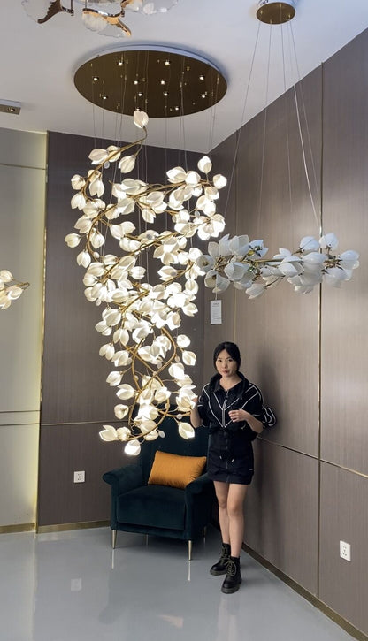Spiral Pure White Magnolia Chandelier with Golden Branches for Staircase/High-ceiling Space/Foyer/ Duplex - Zelno Lighting