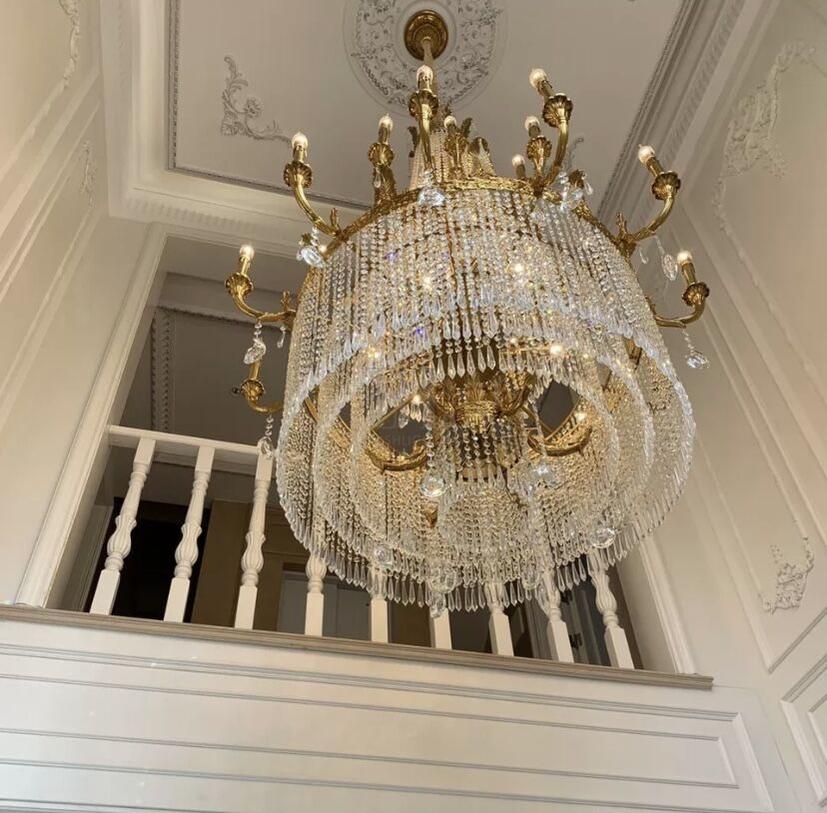 Stunning Oversized Luxury Golden Metal Candle Crystal Tassel Chandelier For High-ceiling Staircase/Entryway/Living/Meeting Room - Zelno Lighting