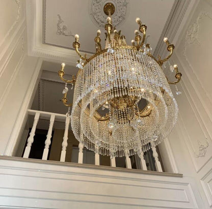 Stunning Oversized Luxury Golden Metal Candle Crystal Tassel Chandelier For High-ceiling Staircase/Entryway/Living/Meeting Room - Zelno Lighting