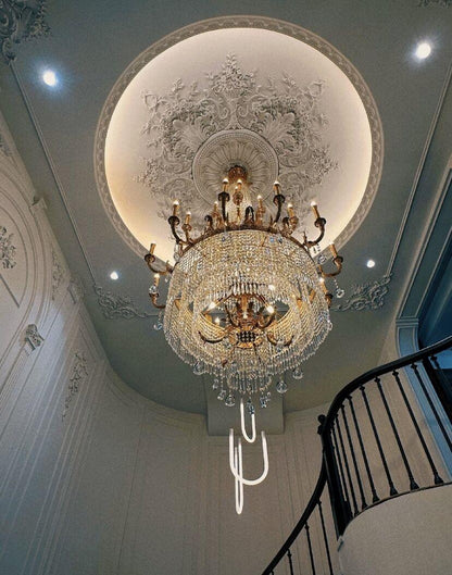 Stunning Oversized Luxury Golden Metal Candle Crystal Tassel Chandelier For High-ceiling Staircase/Entryway/Living/Meeting Room - Zelno Lighting