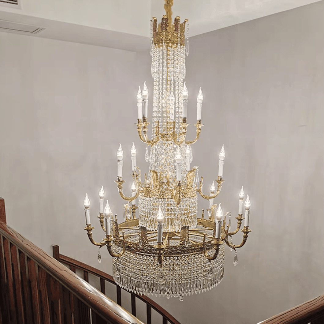 Stunning Oversized Luxury Golden Metal Candle Crystal Tassel Chandelier For High-ceiling Staircase/Entryway/Living/Meeting Room - Zelno Lighting