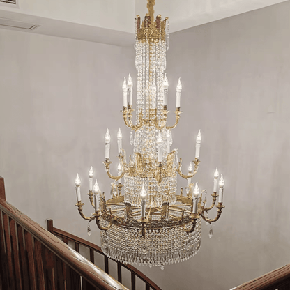 Stunning Oversized Luxury Golden Metal Candle Crystal Tassel Chandelier For High-ceiling Staircase/Entryway/Living/Meeting Room - Zelno Lighting