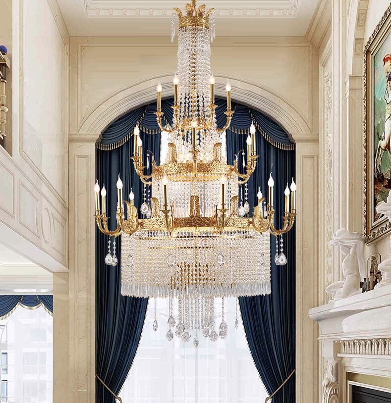 Stunning Oversized Luxury Golden Metal Candle Crystal Tassel Chandelier For High-ceiling Staircase/Entryway/Living/Meeting Room - Zelno Lighting