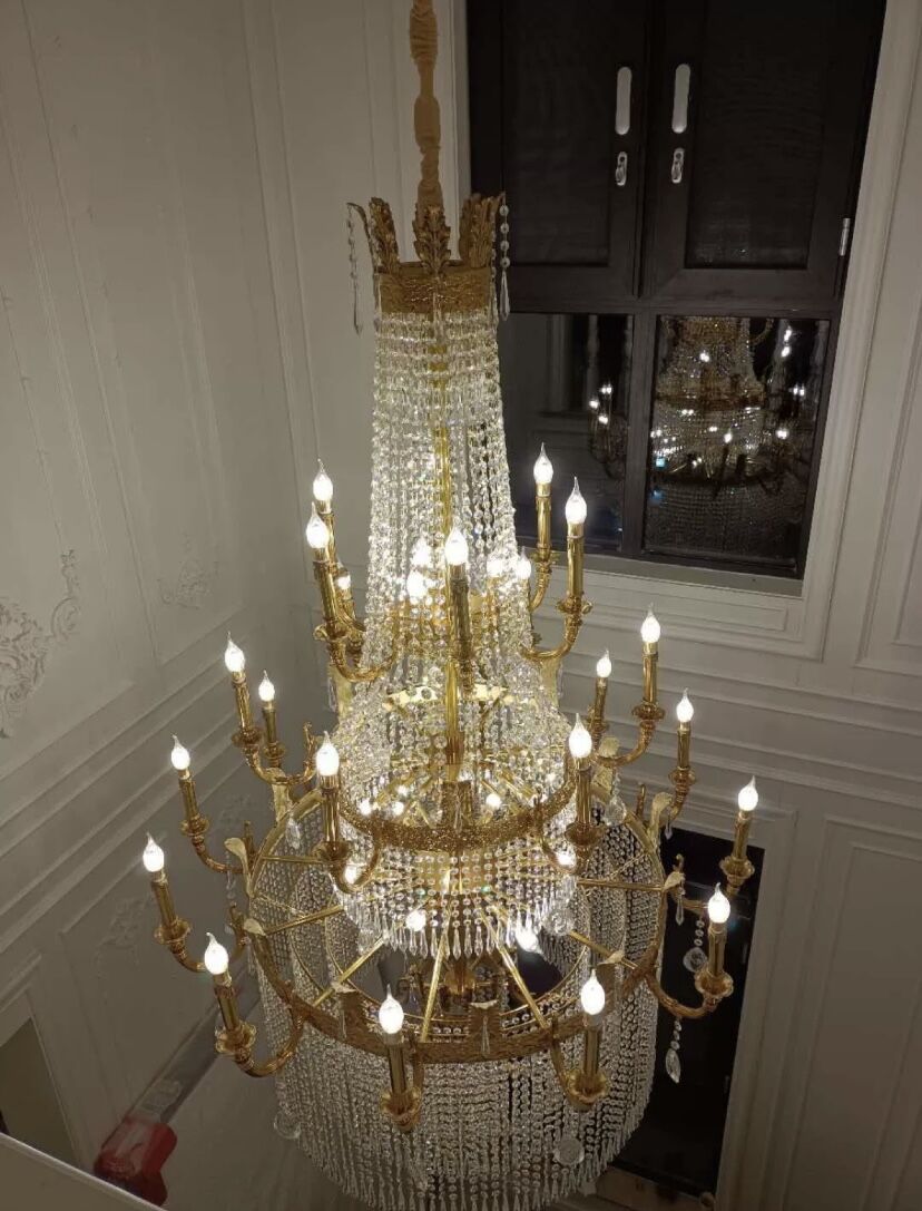 Stunning Oversized Luxury Golden Metal Candle Crystal Tassel Chandelier For High-ceiling Staircase/Entryway/Living/Meeting Room - Zelno Lighting
