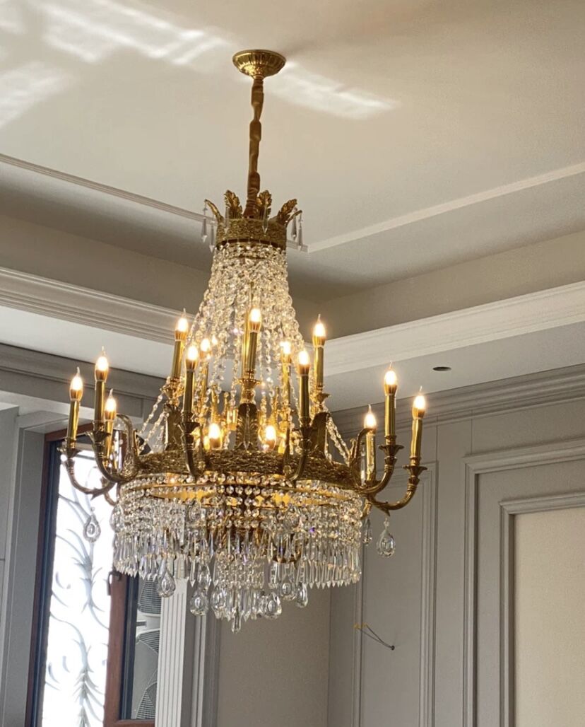 Stunning Oversized Luxury Golden Metal Candle Crystal Tassel Chandelier For High-ceiling Staircase/Entryway/Living/Meeting Room - Zelno Lighting