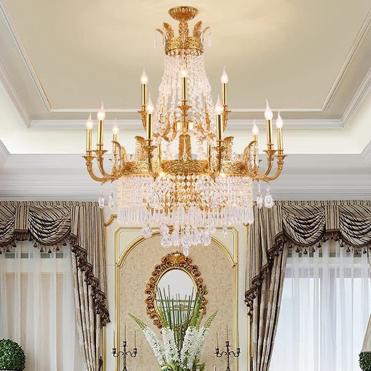 Stunning Oversized Luxury Golden Metal Candle Crystal Tassel Chandelier For High-ceiling Staircase/Entryway/Living/Meeting Room - Zelno Lighting