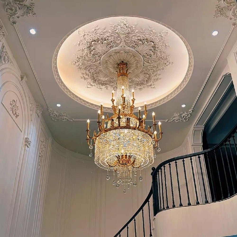 Stunning Oversized Luxury Golden Metal Candle Crystal Tassel Chandelier For High-ceiling Staircase/Entryway/Living/Meeting Room - Zelno Lighting
