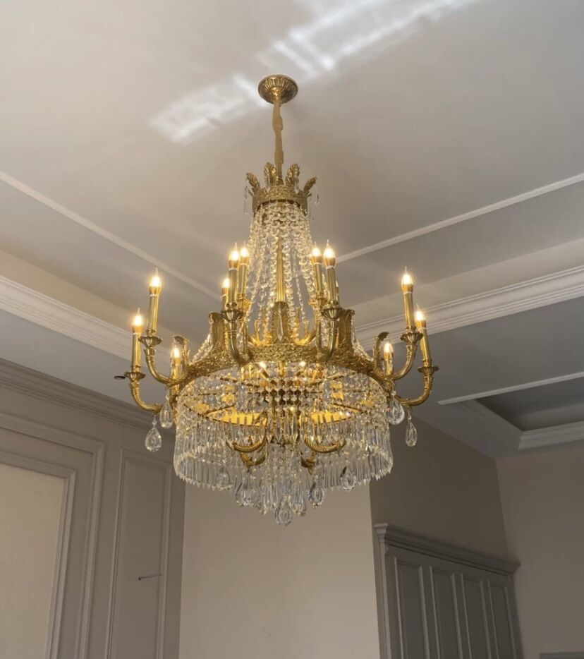 Stunning Oversized Luxury Golden Metal Candle Crystal Tassel Chandelier For High-ceiling Staircase/Entryway/Living/Meeting Room - Zelno Lighting