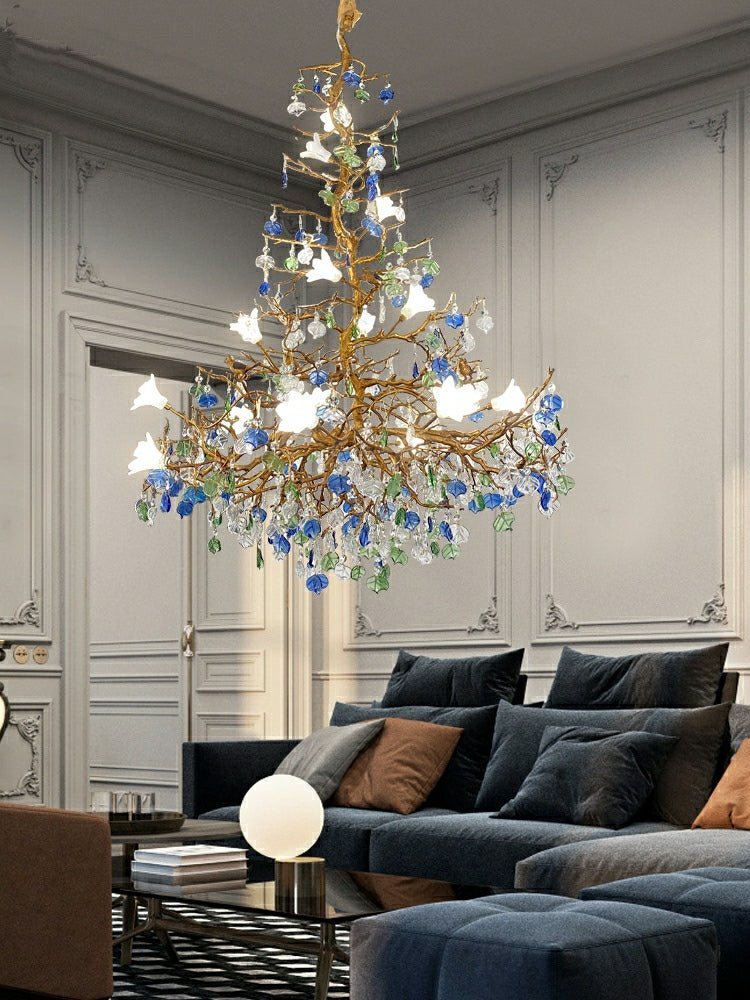 Stylish Colored Glaze Flower Crystal Chandelier Brass Tree Branch Ceiling Light For Living Room Hotel Hall - Zelno Lighting