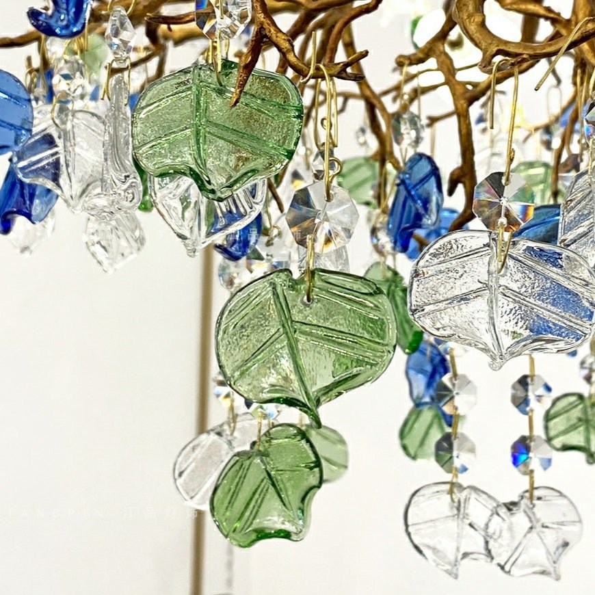 Stylish Colored Glaze Flower Crystal Chandelier Brass Tree Branch Ceiling Light For Living Room Hotel Hall - Zelno Lighting