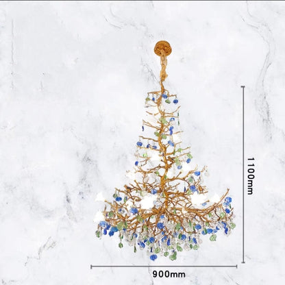 Stylish Colored Glaze Flower Crystal Chandelier Brass Tree Branch Ceiling Light For Living Room Hotel Hall - Zelno Lighting