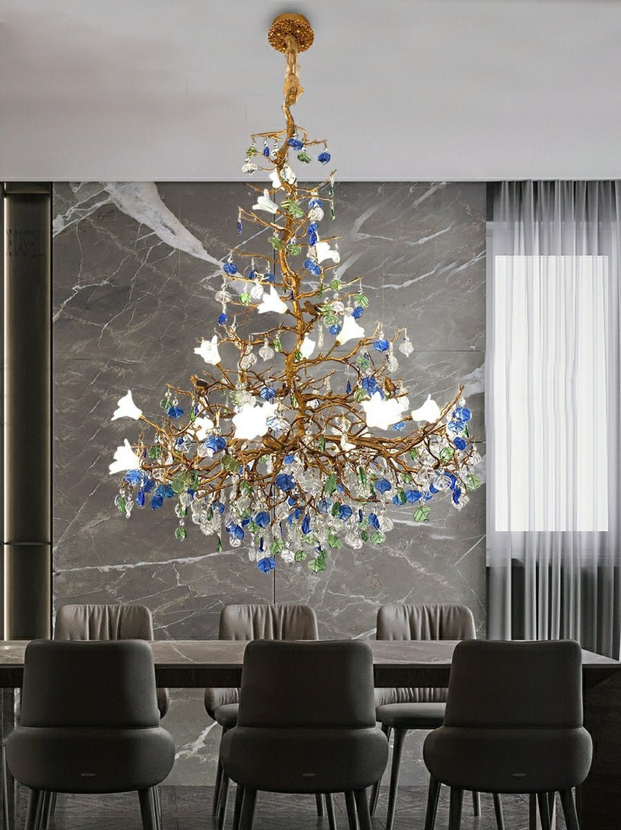 Stylish Colored Glaze Flower Crystal Chandelier Brass Tree Branch Ceiling Light For Living Room Hotel Hall - Zelno Lighting