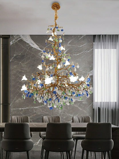 Stylish Colored Glaze Flower Crystal Chandelier Brass Tree Branch Ceiling Light For Living Room Hotel Hall - Zelno Lighting