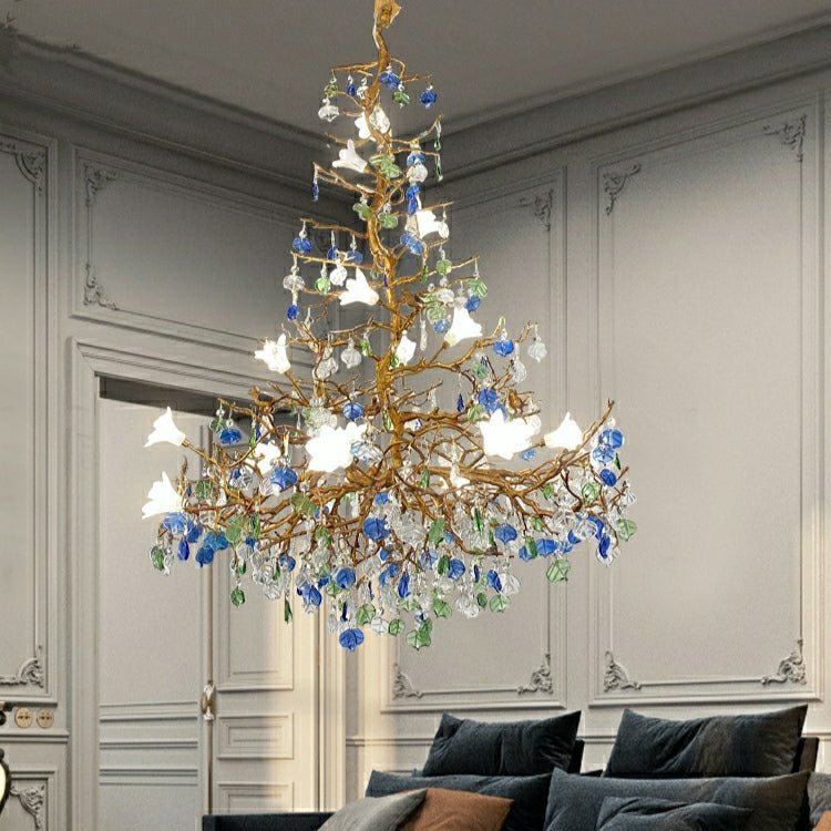 Stylish Colored Glaze Flower Crystal Chandelier Brass Tree Branch Ceiling Light For Living Room Hotel Hall - Zelno Lighting