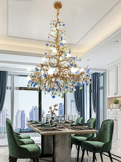 Stylish Colored Glaze Flower Crystal Chandelier Brass Tree Branch Ceiling Light For Living Room Hotel Hall - Zelno Lighting